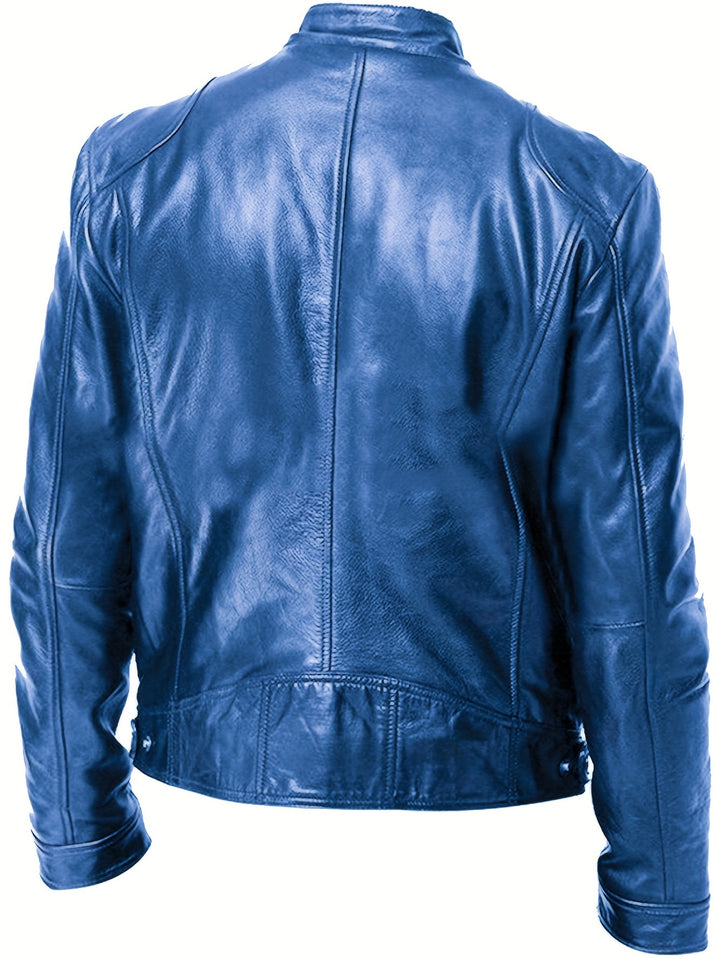 Men's Zip-Up Cardigan Multi-Pocket Motorcycle Jacket Leather Coat