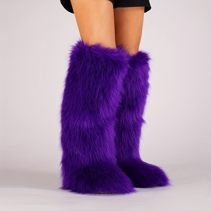 Knee-High Faux Fur Winter Boots for Women with Flat Heel and Round Toe