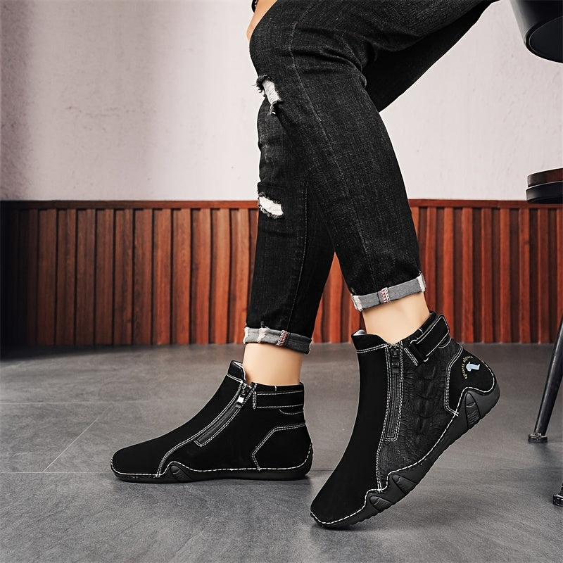 Men's Fashion Zippered Slip-on Mid-top Rubber Sole Outdoor Boots