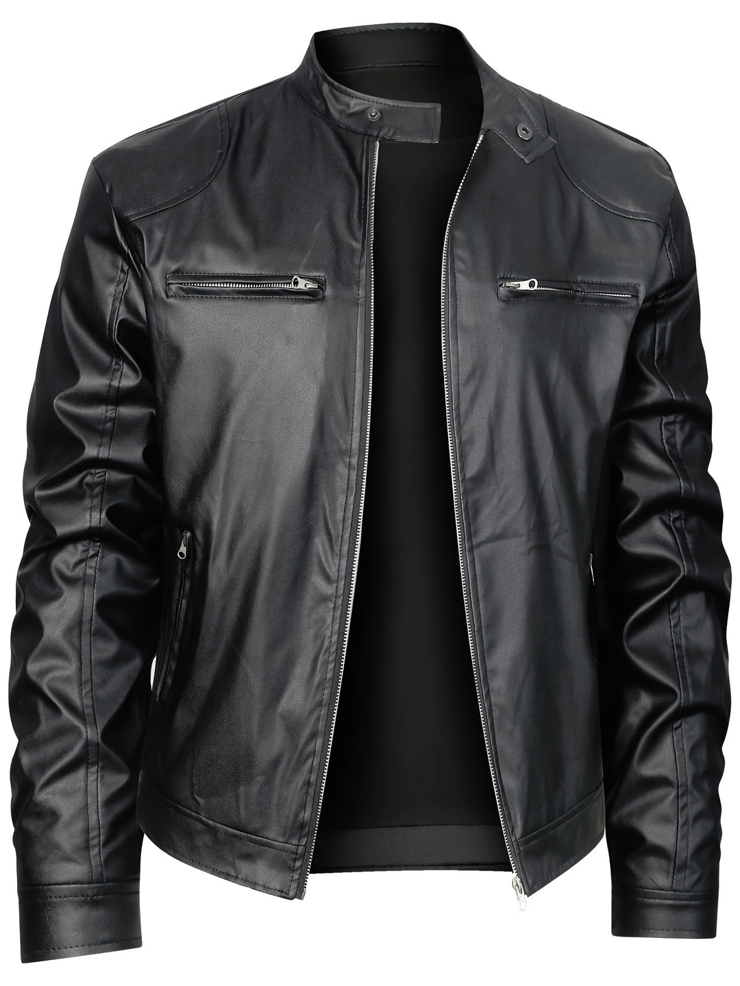Men's PU Leather Motorcycle Jacket Stand-up Collar Windproof Outerwear