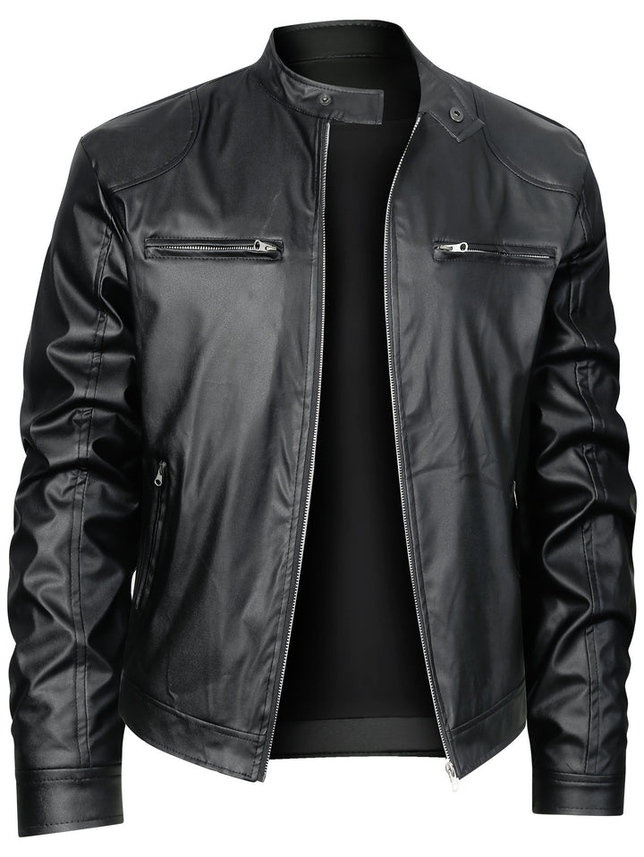 Men's PU Leather Motorcycle Jacket Stand-up Collar Windproof Outerwear