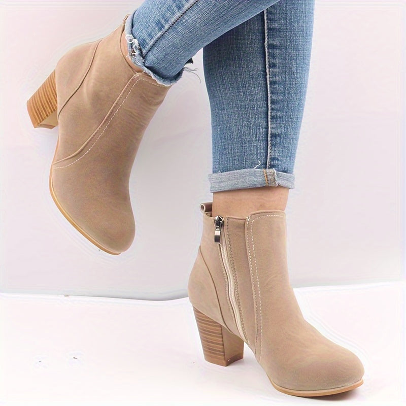 Women's High-Heel Ankle Boots with Round Toe and Side Zip