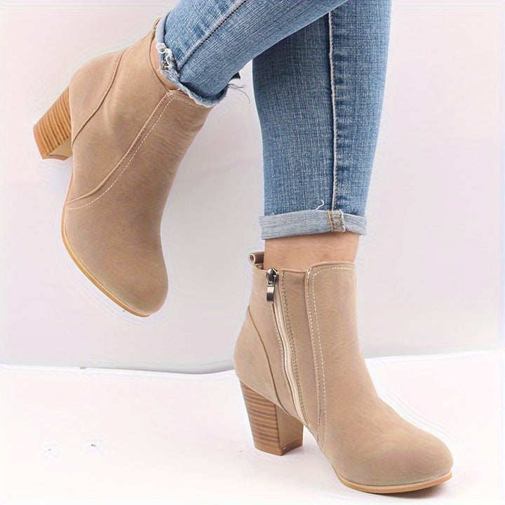 Women's High-Heel Ankle Boots with Round Toe and Side Zip