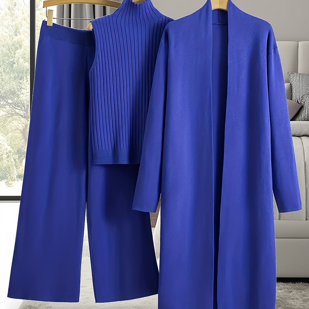 Women’s Loose Fashionable Three-Piece Set with Wide-Leg Pants, Cardigan, Vest