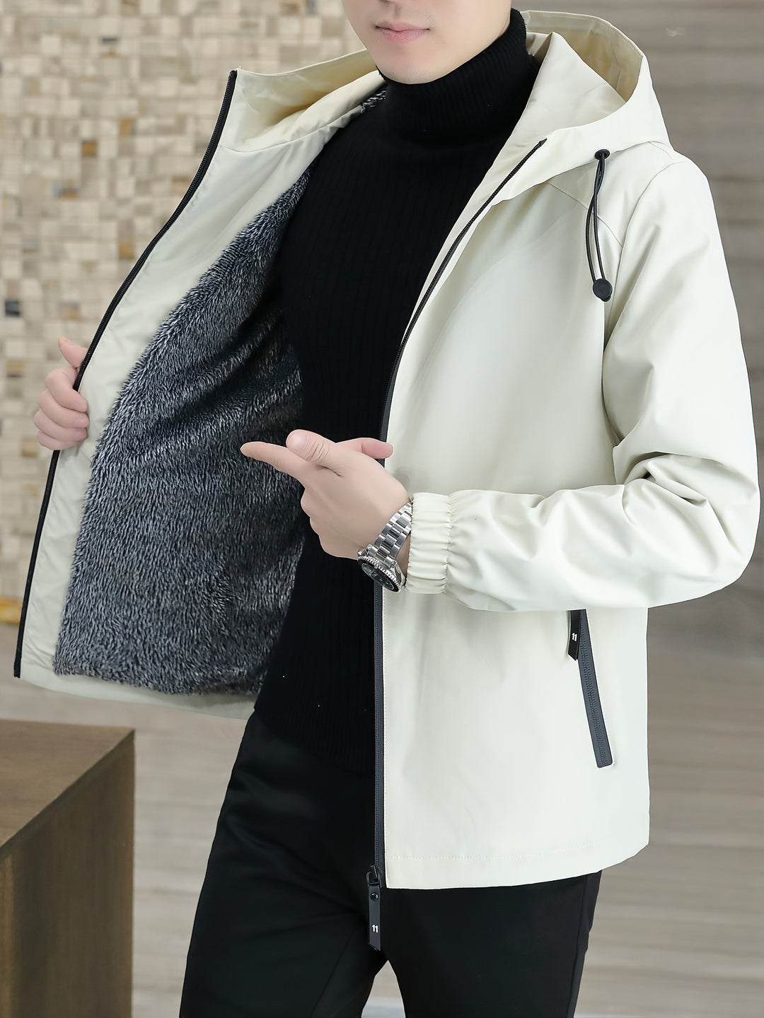 Men's Fleece Jacket Windproof Zip-Up Hooded Coat Winter Outerwear