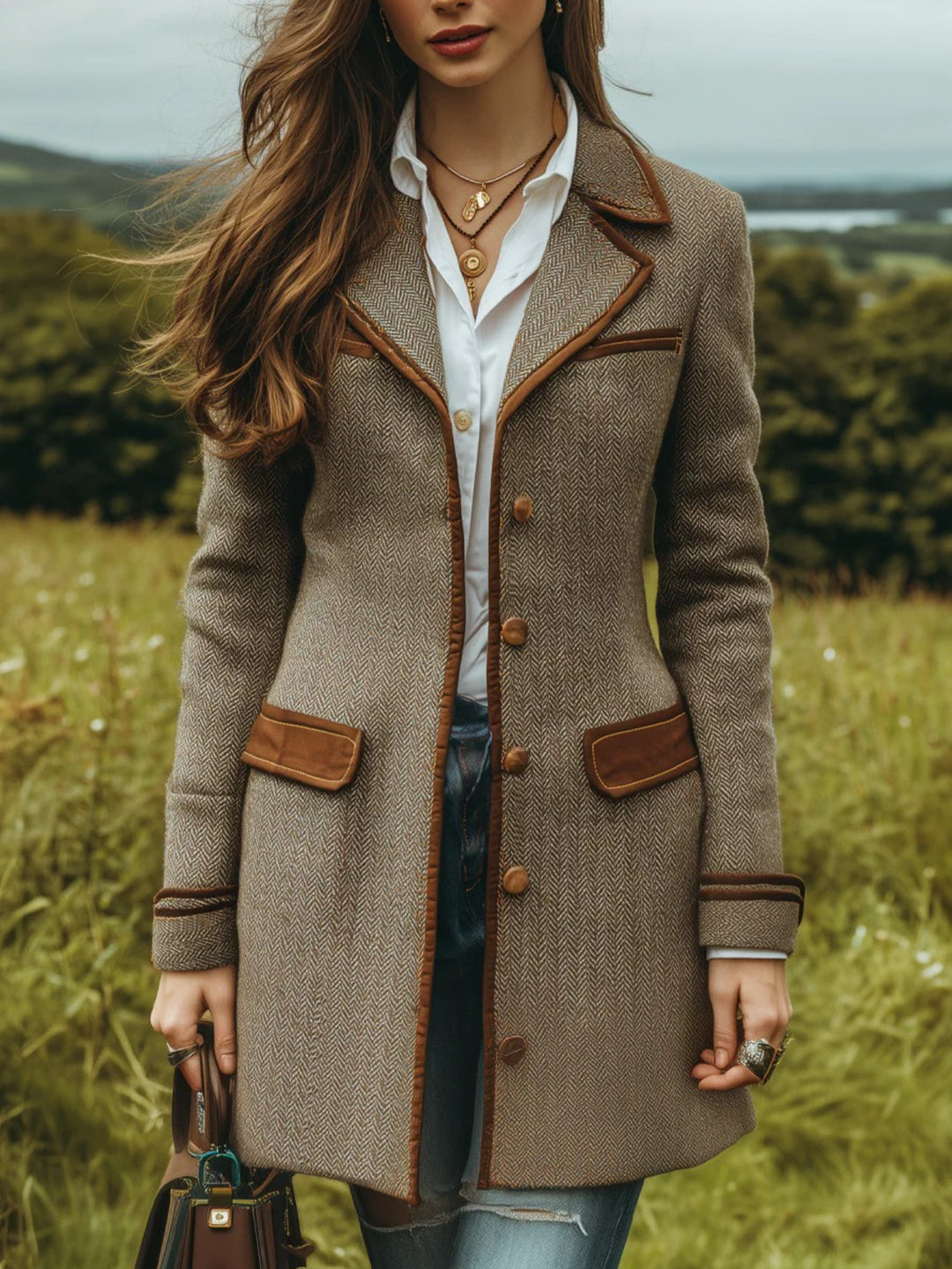 Women's Herringbone Patchwork Coat Jacket with Belt Button Closure