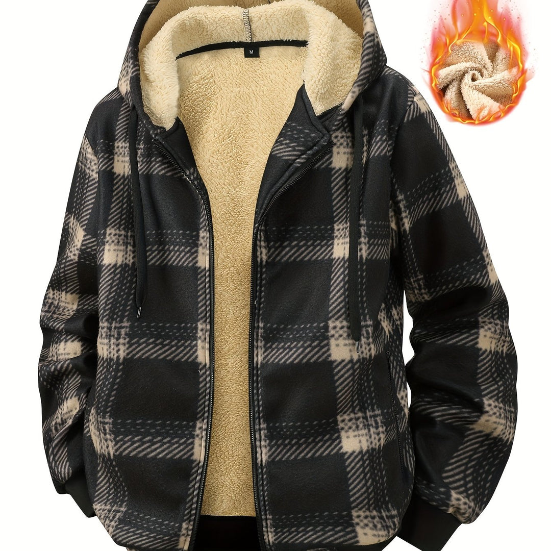 Men's Plaid Fleece-Lined Zip-Up Cardigan with Hood and Pockets