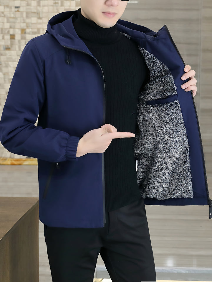 Men's Fleece Jacket Windproof Zip-Up Hooded Coat Winter Outerwear