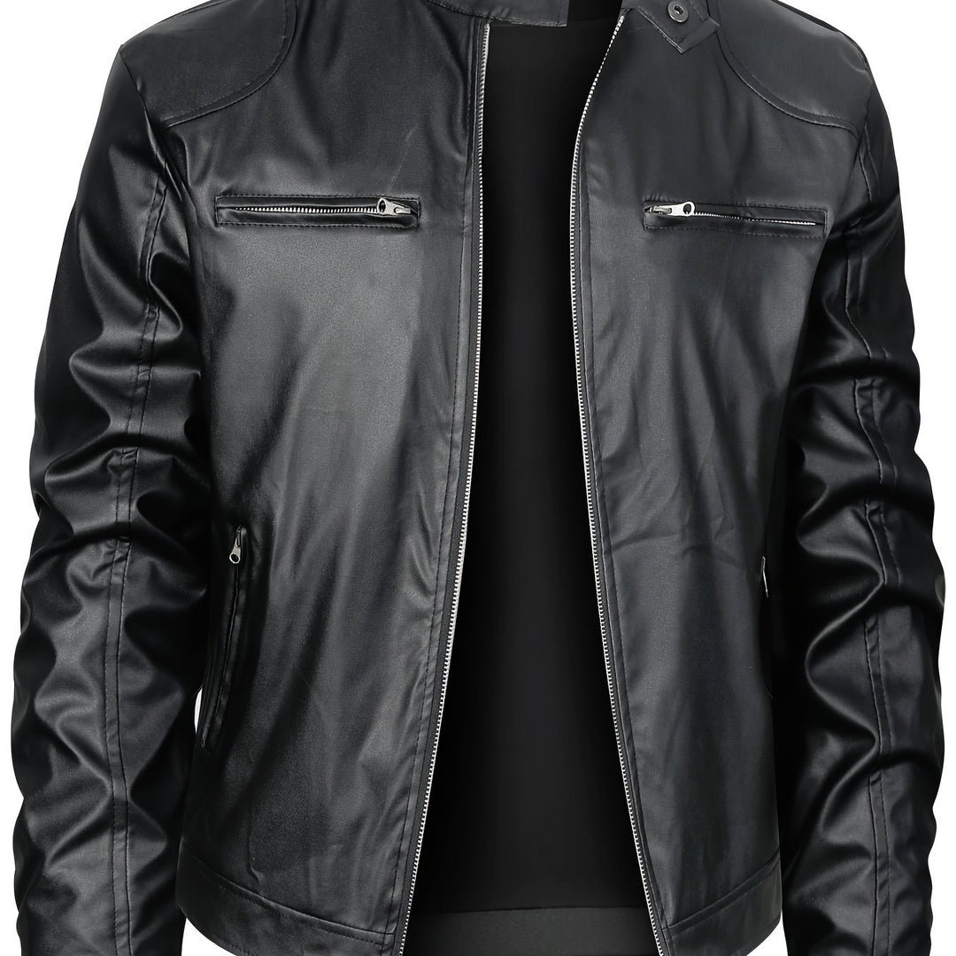 Men's PU Leather Motorcycle Jacket Stand-up Collar Windproof Outerwear