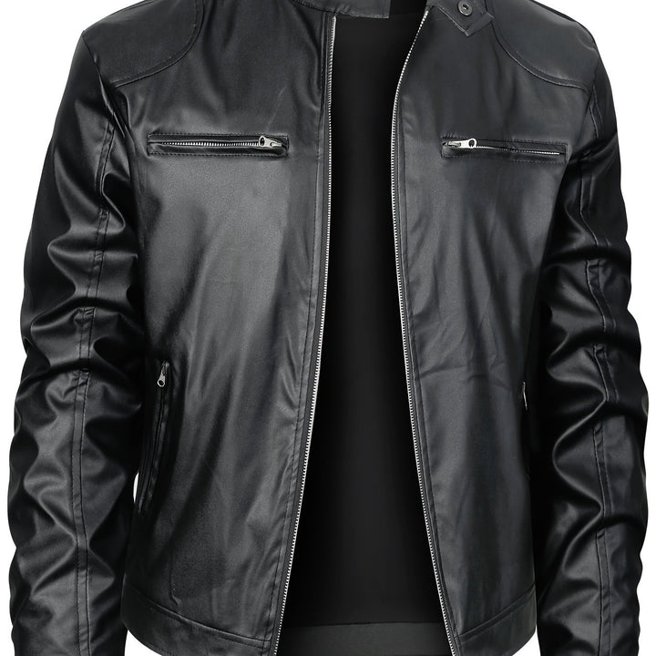 Men's PU Leather Motorcycle Jacket Stand-up Collar Windproof Outerwear