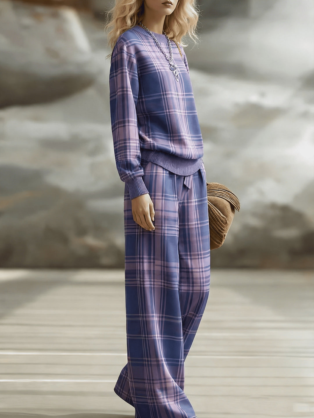 Vintage Plaid Wide-Leg Pants Set for Women