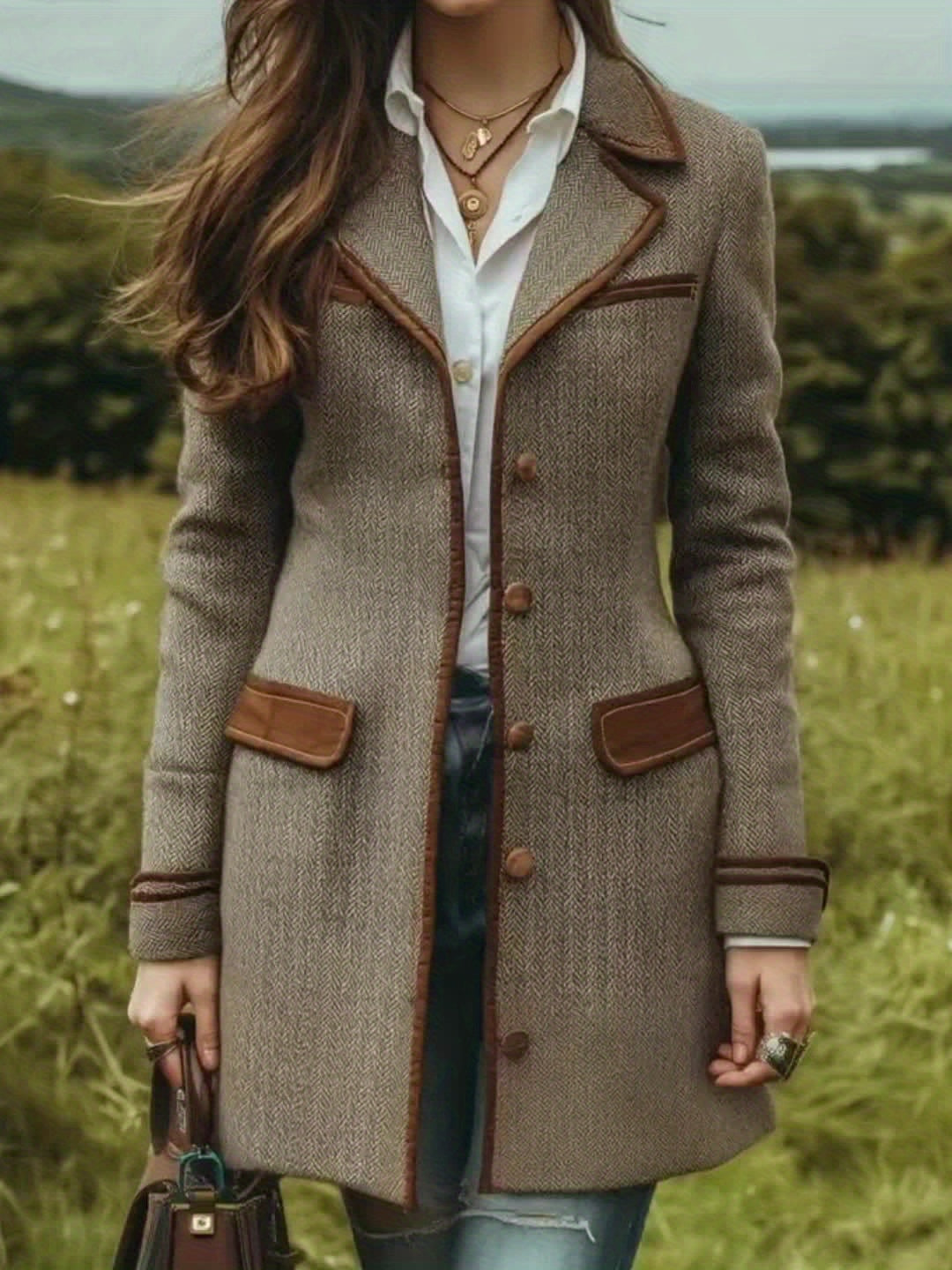 Women's Herringbone Patchwork Coat Jacket with Belt Button Closure