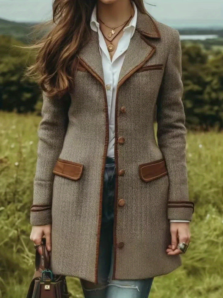 Women's Herringbone Patchwork Coat Jacket with Belt Button Closure