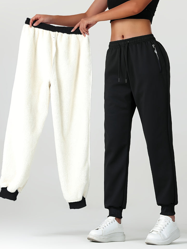 Women's Warm Casual Joggers with Elastic Waistband and Zippered Pockets