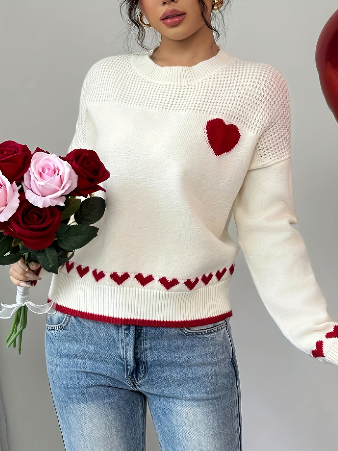 Women's Casual Heart Pattern Drop Shoulder Sweater