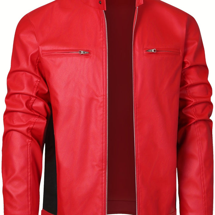 Men's PU Leather Motorcycle Jacket Stand-up Collar Windproof Outerwear
