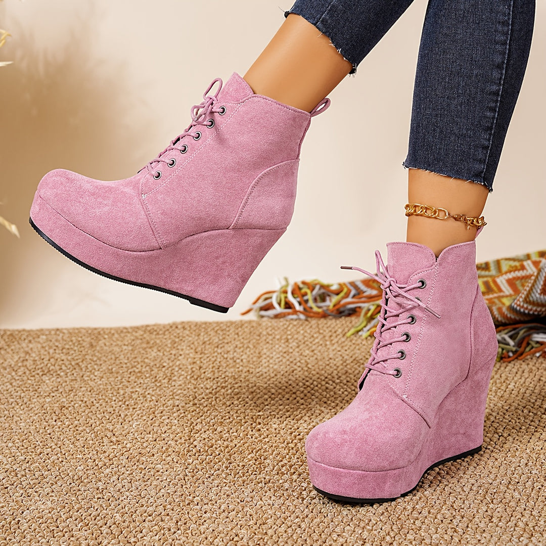 Women's Fashion Boots Round Toe Lace-Up Wedge Ankle Boots