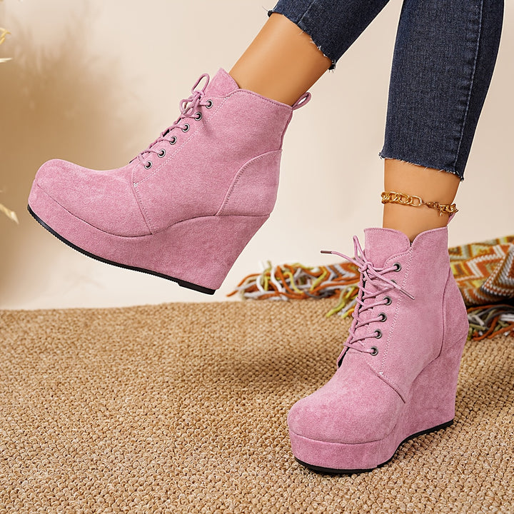 Women's Fashion Boots Round Toe Lace-Up Wedge Ankle Boots