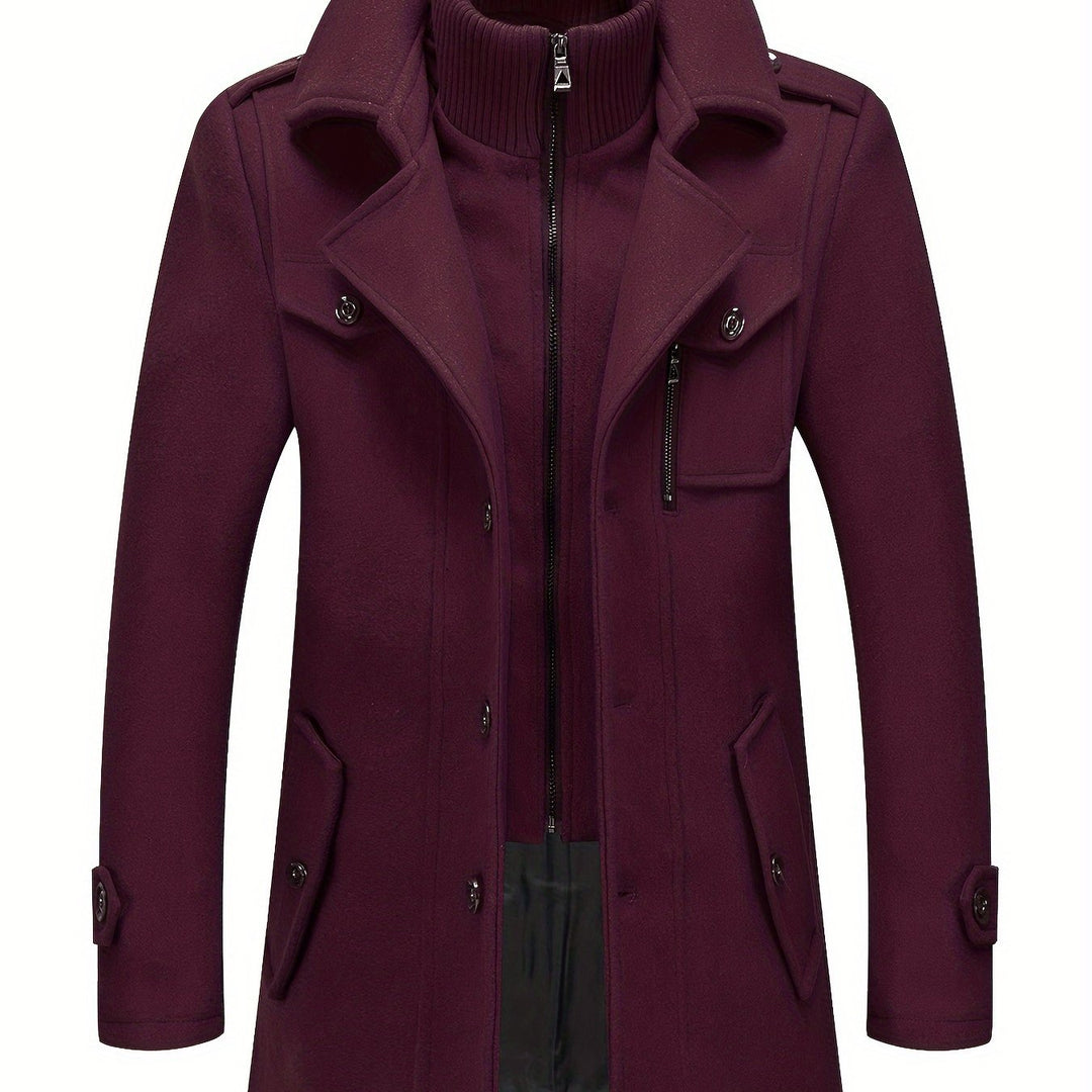 Men's Stand Collar Fleece Blend Pea Coat Single Breasted Overcoat