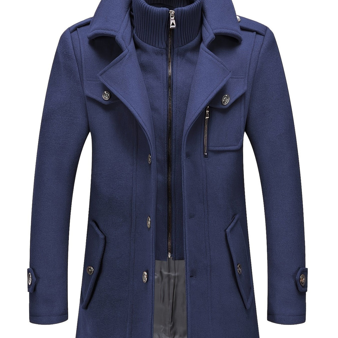 Men's Stand Collar Fleece Blend Pea Coat Single Breasted Overcoat