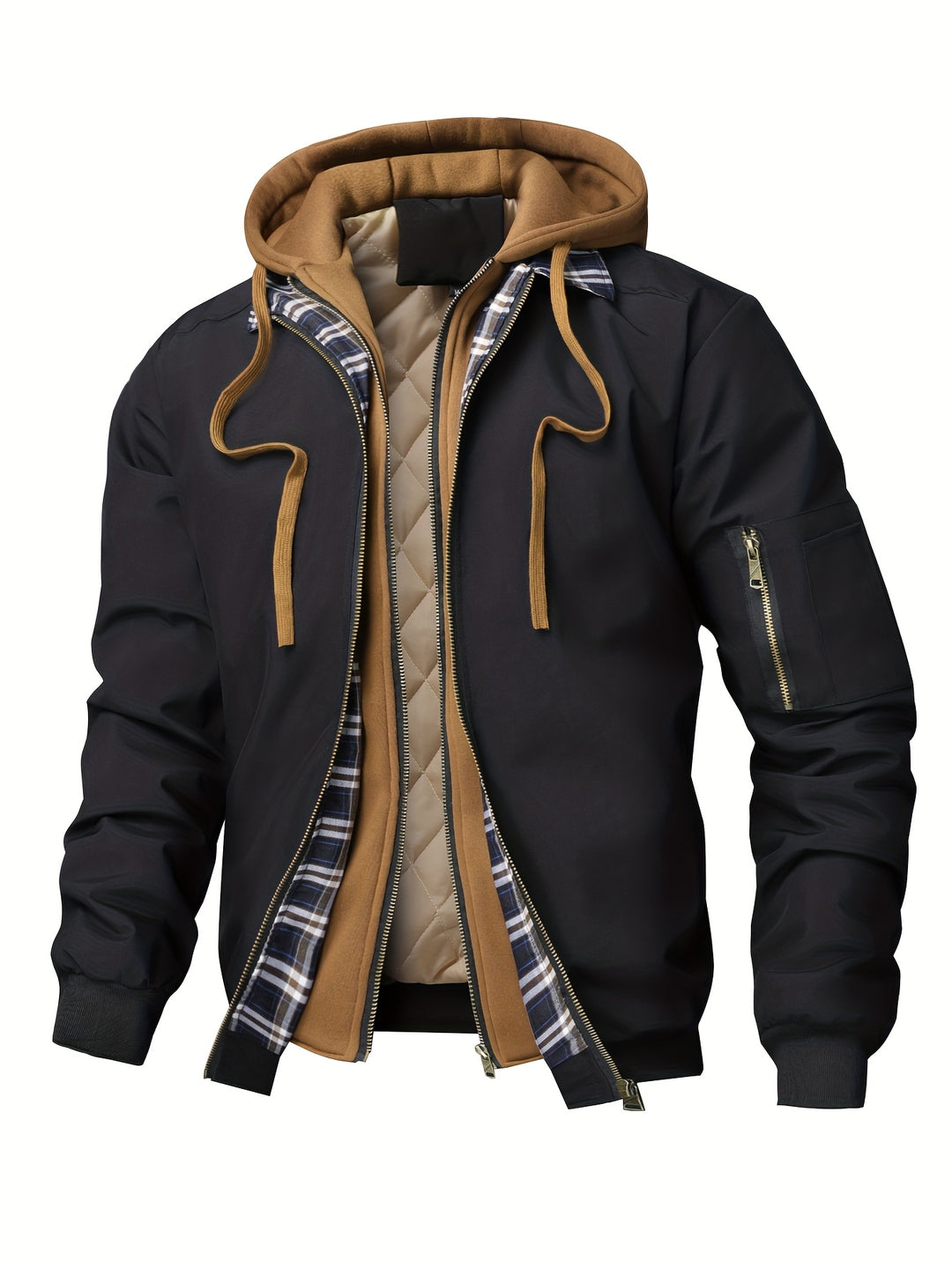 Men's Sports Jacket with Cap, Outdoor Tactical Zipper Pocket Jacket