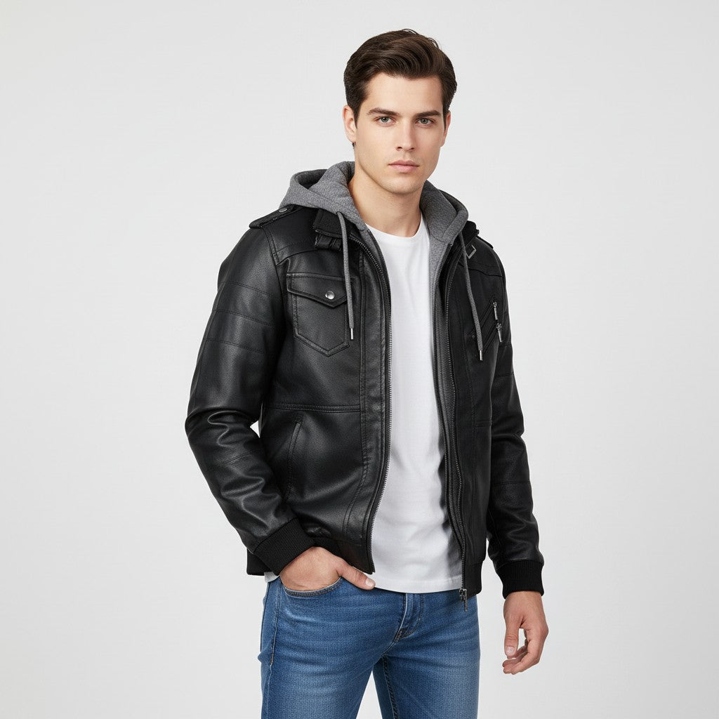 B Unique Fashions Men’s Faux Leather Hooded Jacket-B Unique Fashions