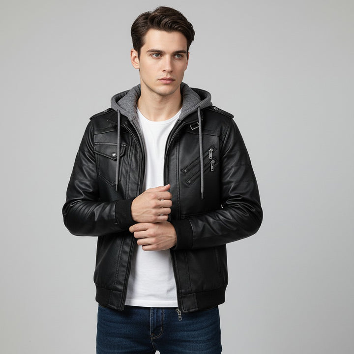 B Unique Fashions Men’s Faux Leather Hooded Jacket-B Unique Fashions