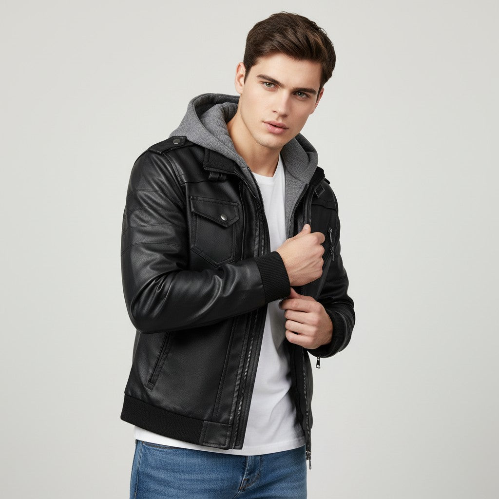 B Unique Fashions Men’s Faux Leather Hooded Jacket-B Unique Fashions