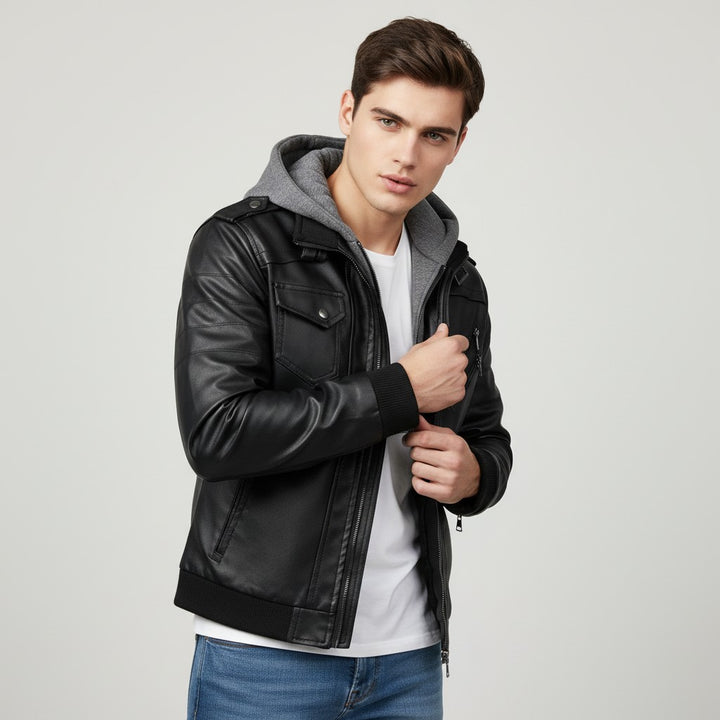 B Unique Fashions Men’s Faux Leather Hooded Jacket-B Unique Fashions