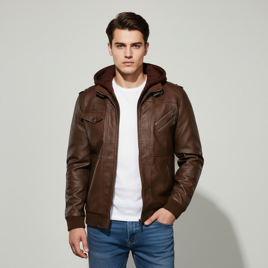 B Unique Fashions Men’s Faux Leather Hooded Jacket-B Unique Fashions