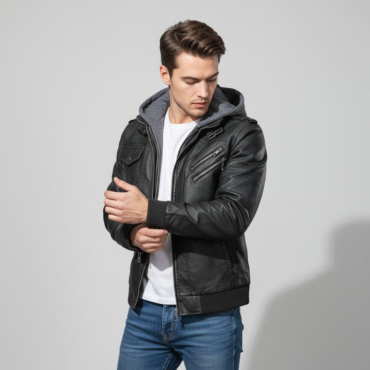 B Unique Fashions Men’s Faux Leather Hooded Jacket-B Unique Fashions