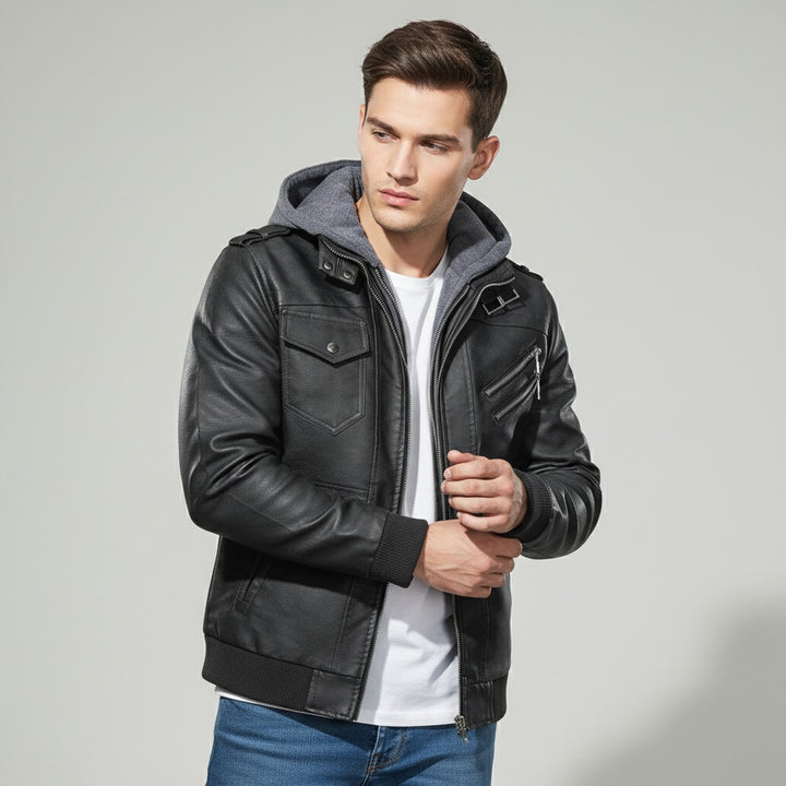 B Unique Fashions Men’s Faux Leather Hooded Jacket-B Unique Fashions