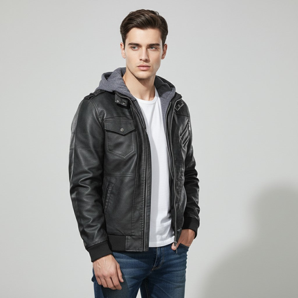 B Unique Fashions Men’s Faux Leather Hooded Jacket-B Unique Fashions