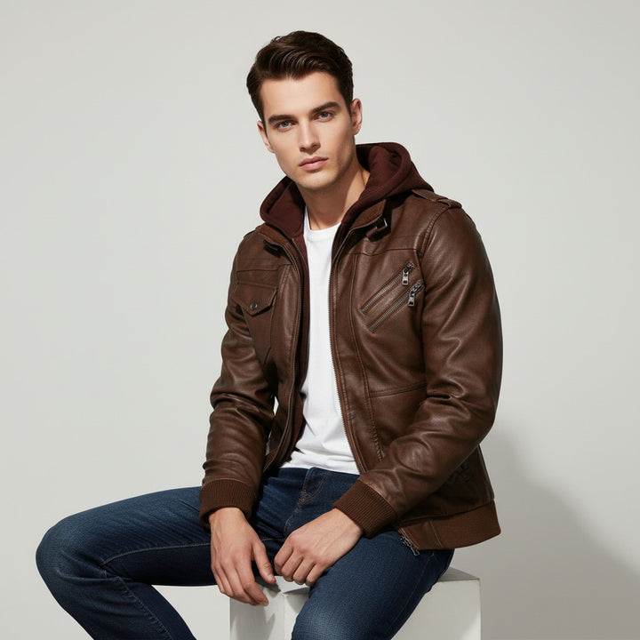 B Unique Fashions Men’s Faux Leather Hooded Jacket-B Unique Fashions