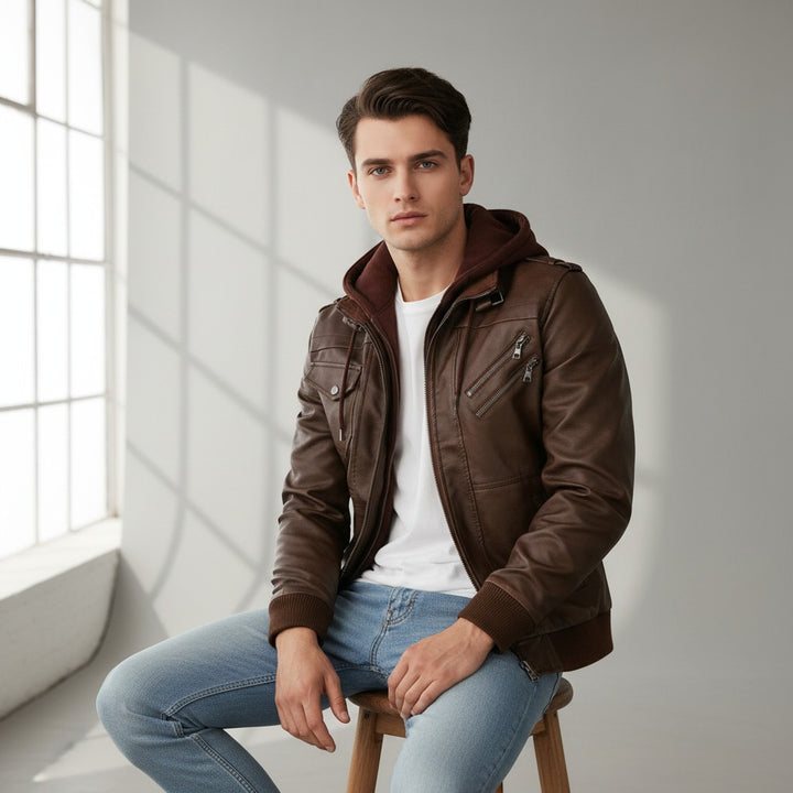 B Unique Fashions Men’s Faux Leather Hooded Jacket-B Unique Fashions