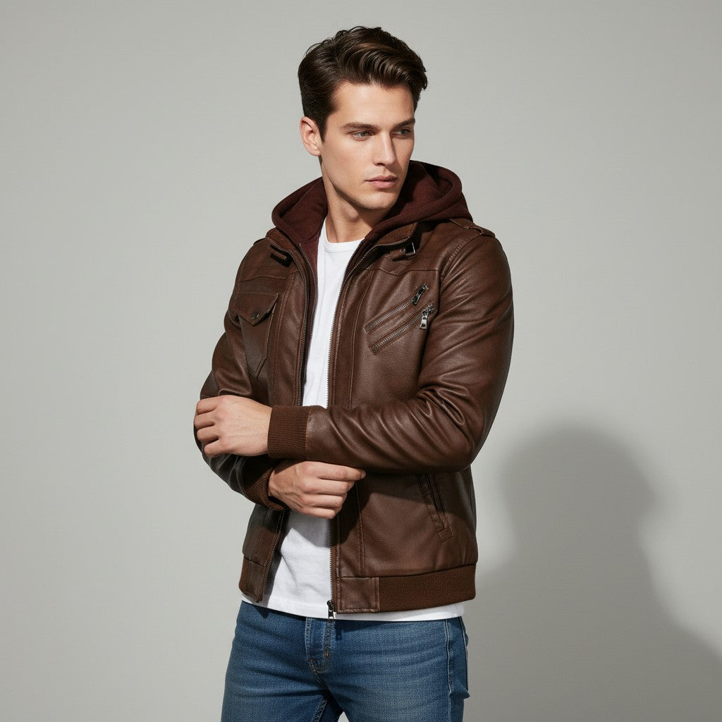 B Unique Fashions Men’s Faux Leather Hooded Jacket-B Unique Fashions