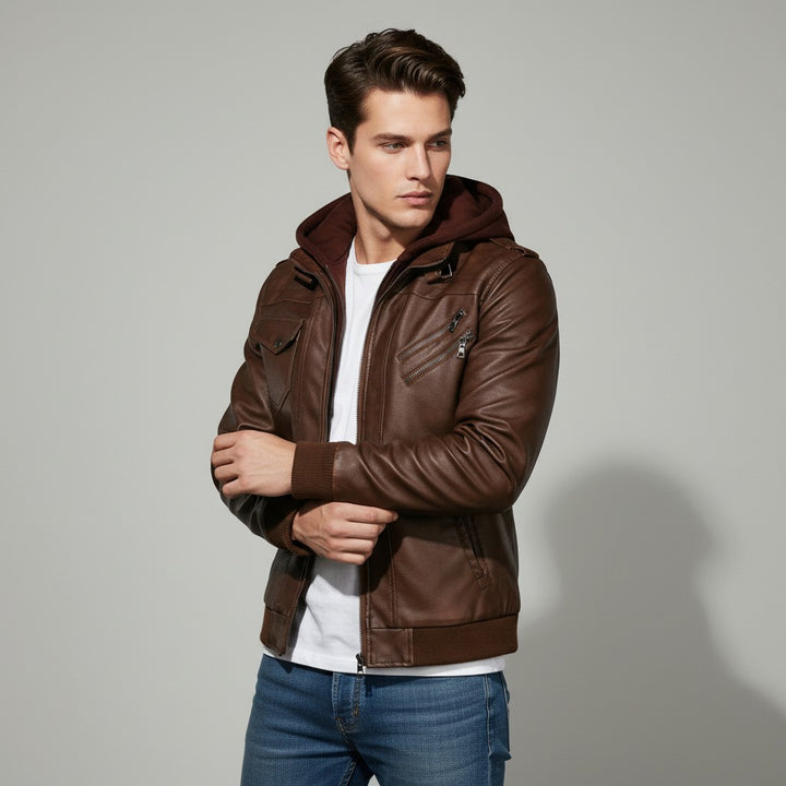 B Unique Fashions Men’s Faux Leather Hooded Jacket-B Unique Fashions