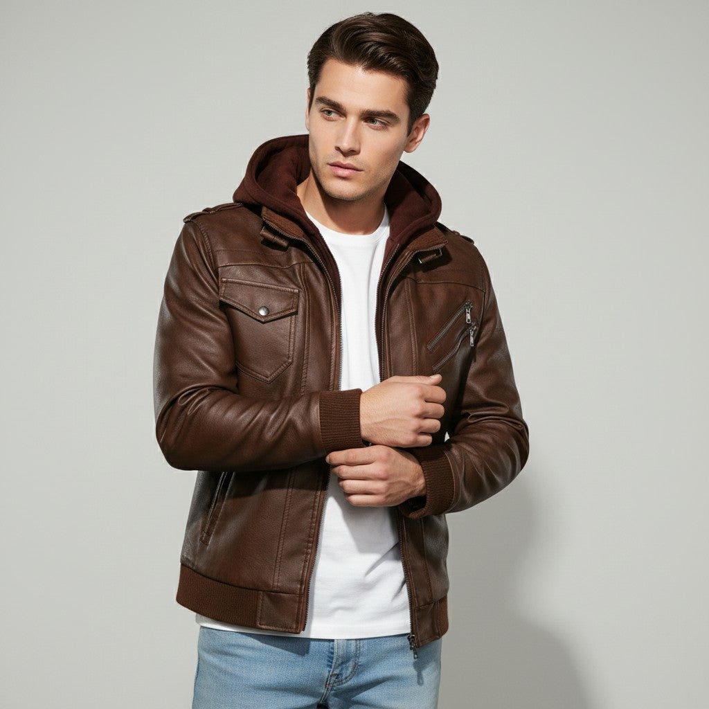 B Unique Fashions Men’s Faux Leather Hooded Jacket-B Unique Fashions