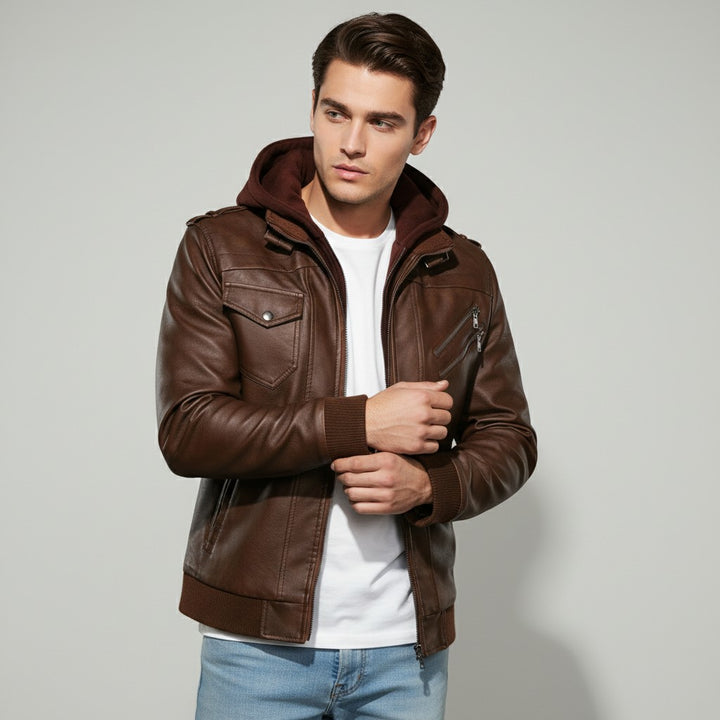 B Unique Fashions Men’s Faux Leather Hooded Jacket-B Unique Fashions