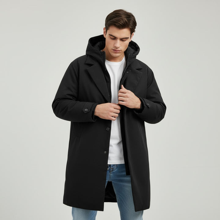 B Unique Fashions Men’s Long Puffer Trench Coat with Hood-B Unique Fashions