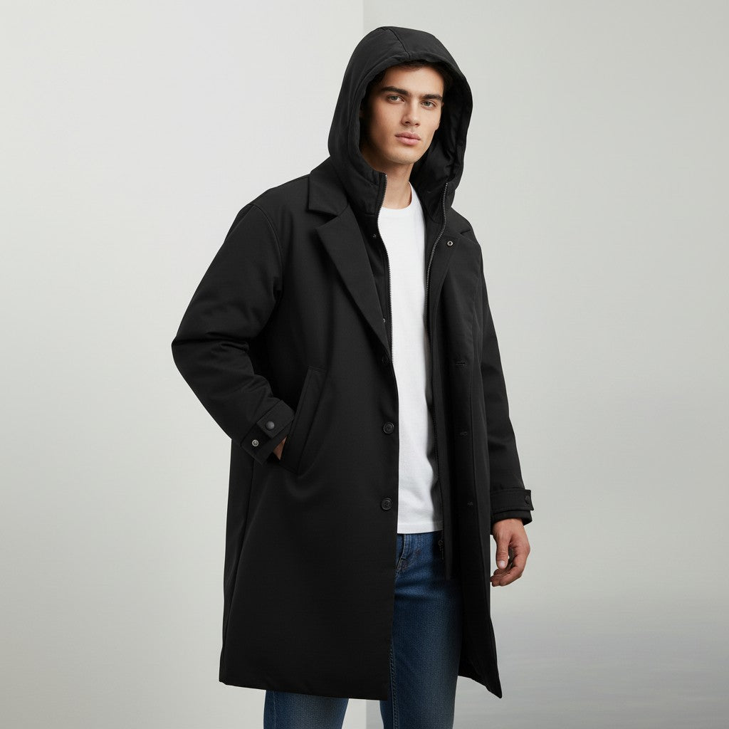 B Unique Fashions Men’s Long Puffer Trench Coat with Hood-B Unique Fashions