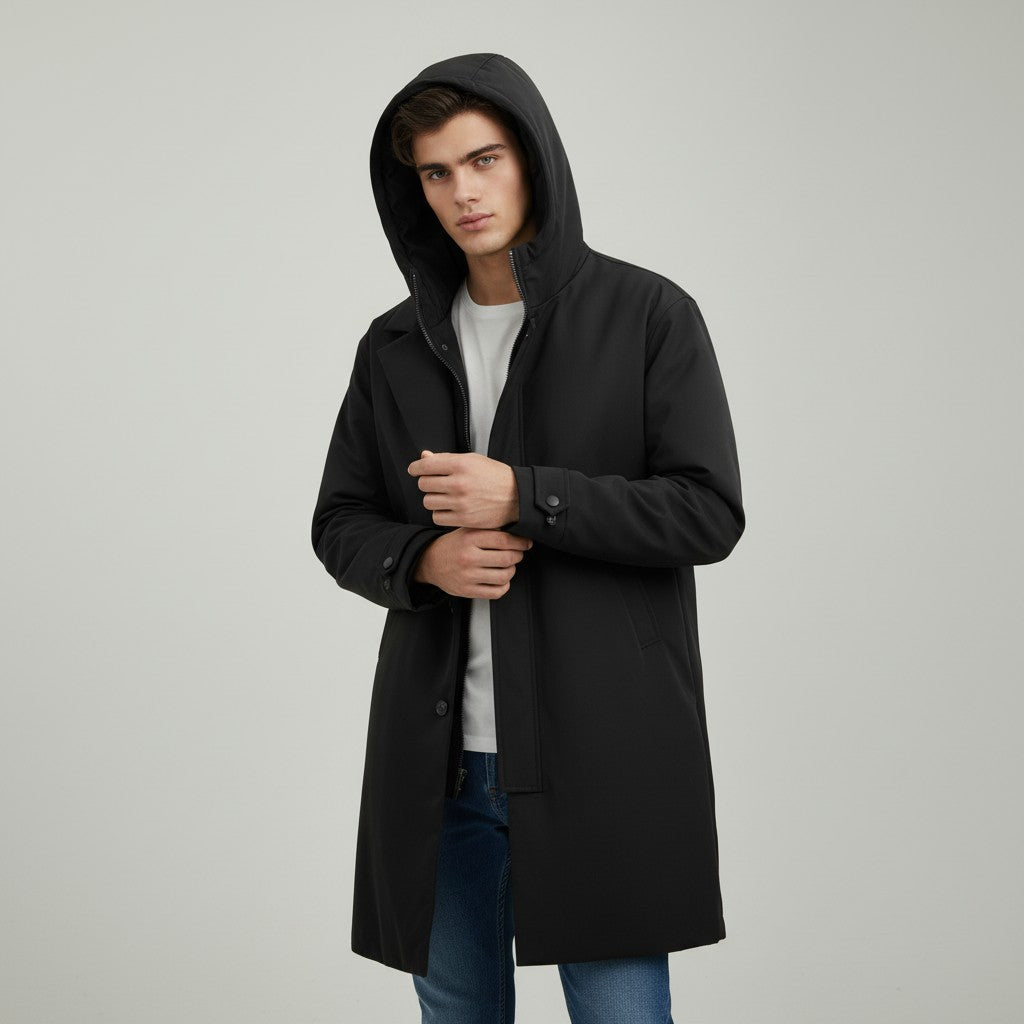 B Unique Fashions Men’s Long Puffer Trench Coat with Hood-B Unique Fashions