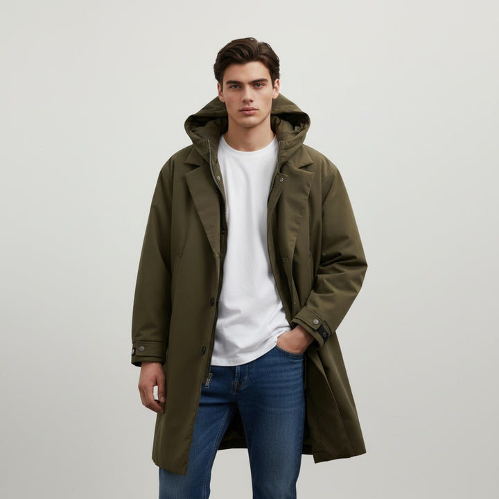 B Unique Fashions Men’s Long Puffer Trench Coat with Hood-B Unique Fashions