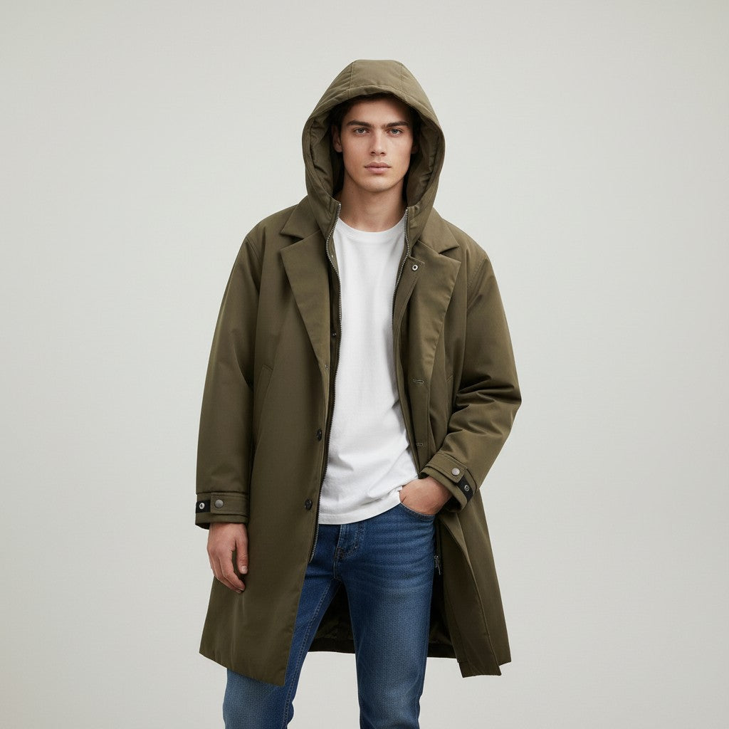B Unique Fashions Men’s Long Puffer Trench Coat with Hood-B Unique Fashions