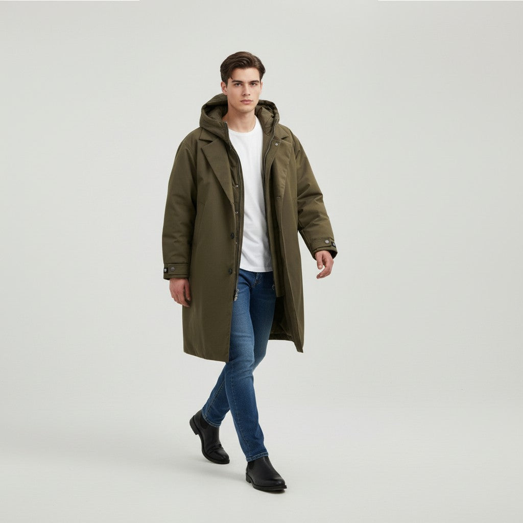 B Unique Fashions Men’s Long Puffer Trench Coat with Hood-B Unique Fashions