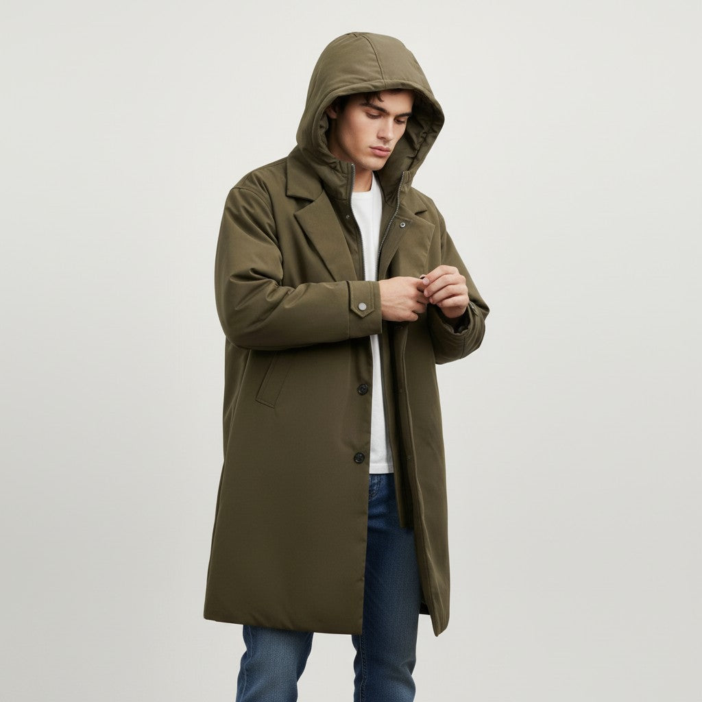 B Unique Fashions Men’s Long Puffer Trench Coat with Hood-B Unique Fashions