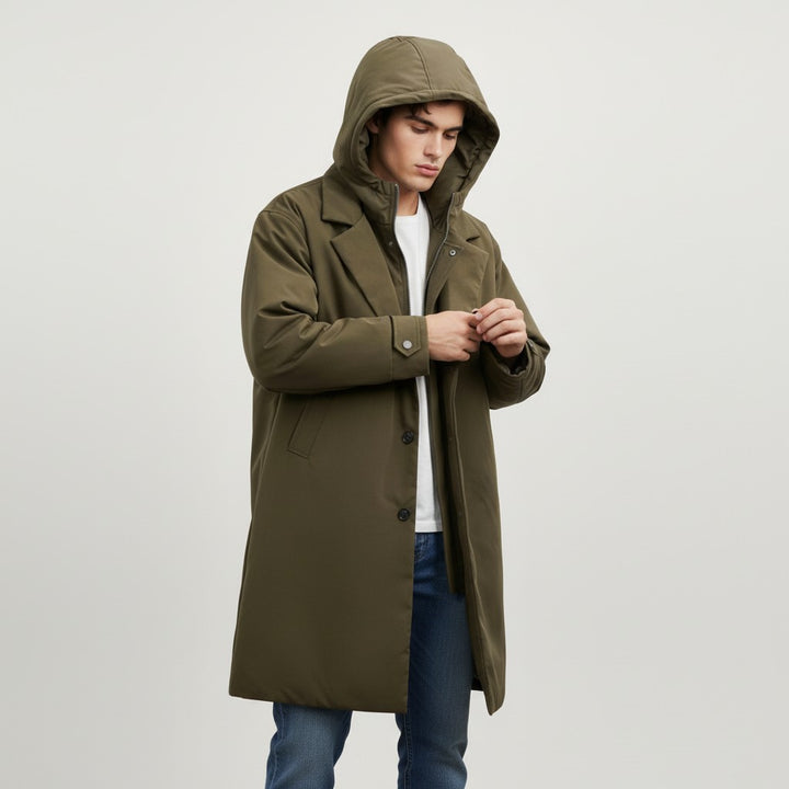 B Unique Fashions Men’s Long Puffer Trench Coat with Hood-B Unique Fashions