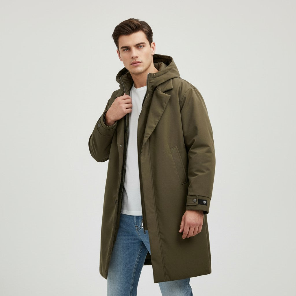B Unique Fashions Men’s Long Puffer Trench Coat with Hood-B Unique Fashions