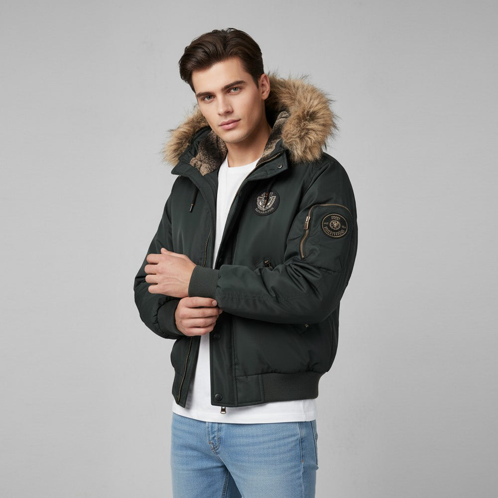 B Unique Fashions Men’s Quilted Bomber Jacket with Faux Fur Hood-B Unique Fashions