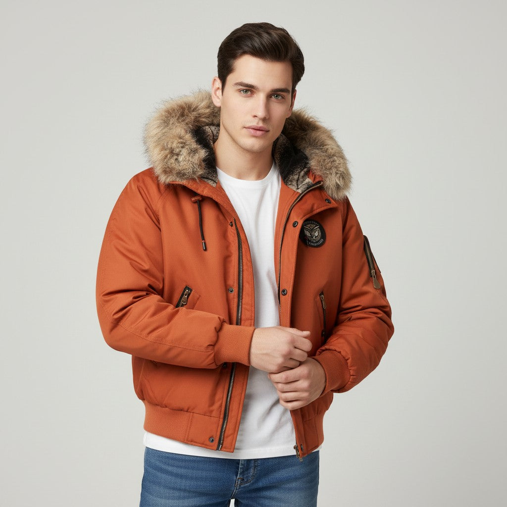 B Unique Fashions Men’s Quilted Bomber Jacket with Faux Fur Hood-B Unique Fashions